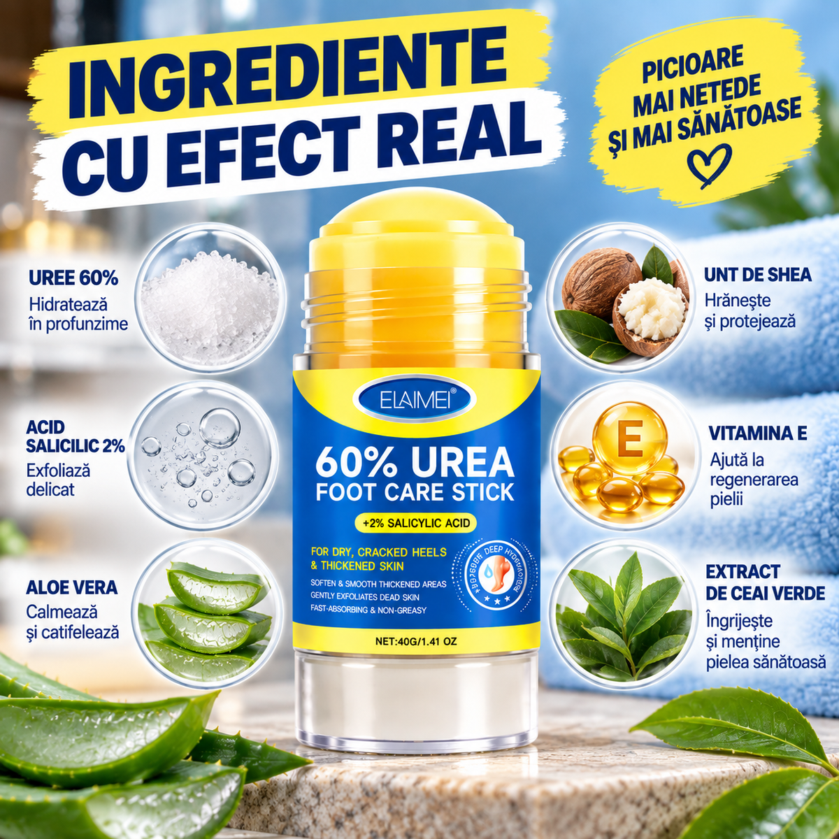 Călcâie Catifelate din Prima Aplicare — Stick cu 60% Uree