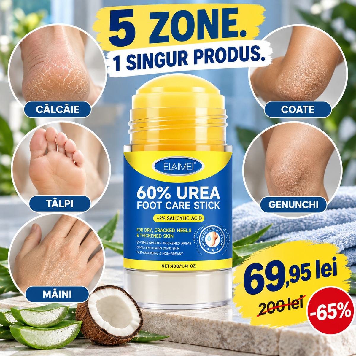 Călcâie Catifelate din Prima Aplicare — Stick cu 60% Uree